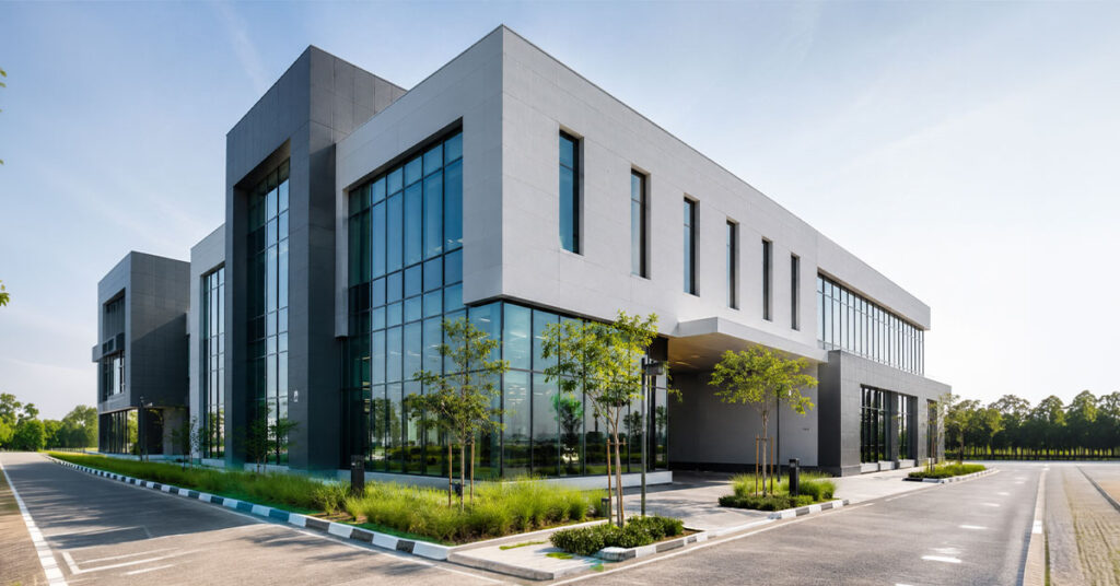 Completed modern commercial building featuring a high-performance building envelope and exterior cladding
