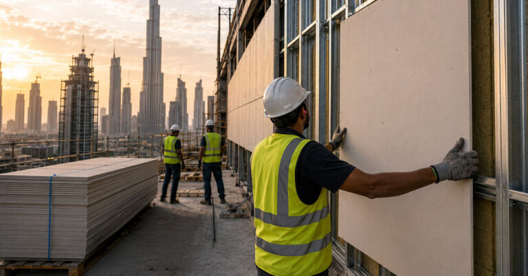 Construction workers installing a high performance building envelope and external cladding system in Dubai
