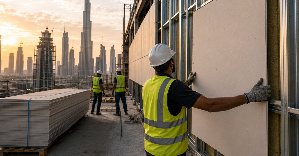 Construction workers installing a high performance building envelope and external cladding system in Dubai
